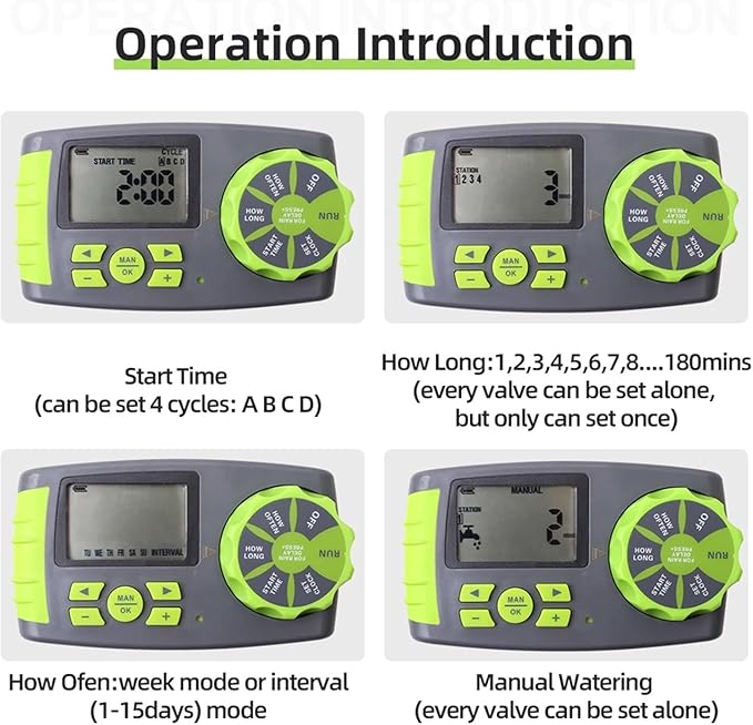 Automatic 4-Zone Irrigation System Watering Timer, Garden Water Timer Controller System with 2 Solenoid Valve(Rojo)