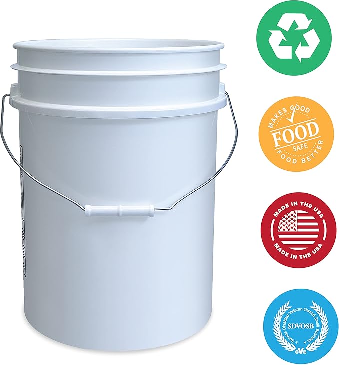 ePackageSupply 5 Gallon Bucket - Food Grade Bucket, Metal Handle Grip, BPA-Free, Heavy-Duty 90 Mil HDPE Plastic Pail, Stackable Utility Container, Made in USA, Lid Not Included, White, 6 Packs