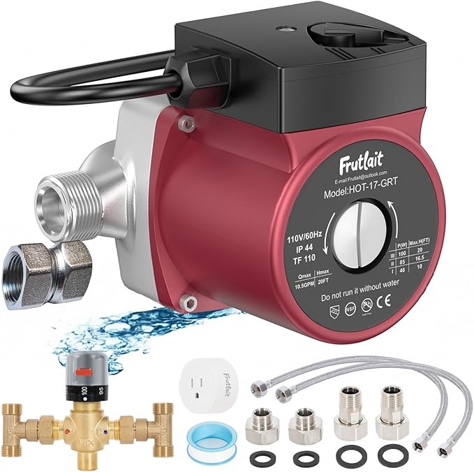 Hot Water Recirculating Pump Kit for Tank Water Heaters – 3-Speed Pump, Thermostatic Bypass Valve, WiFi Smart Plug, 2 Adapters, 1/2" to 3/8" Food-Grade Hoses, Easy DIY Install