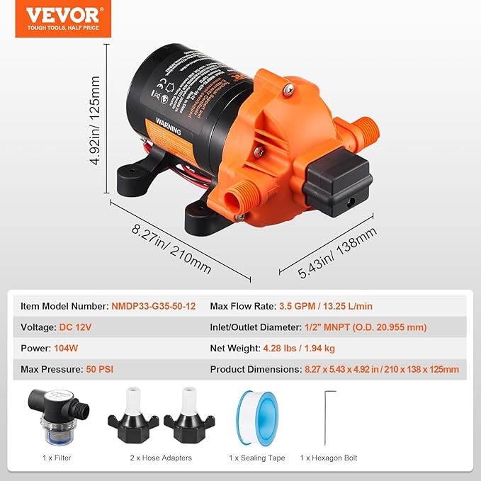 VEVOR 12V Diaphragm Pump, 3.5 GPM (13.25 L/min), 3-Chamber 12 Volt DC Water Pump with Automatic Pressure Switch 40-100 PSI Adjustable, 50 PSI, 1/2'' MNPT Port, for RV Yacht Food Truck Camper Marine