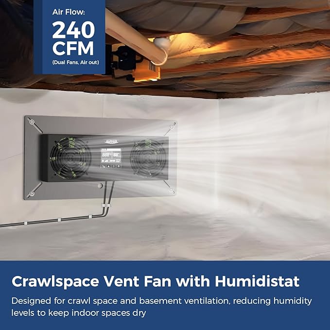 ALORAIR 240CFM Crawlspace Ventilation Fan, with Temperature Humidity Controller Timing Cycle Speed Control, for Attic, Garage, Shed, Crawl space, Basements (Air-out)