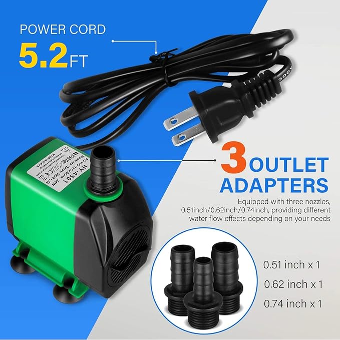 Simple Deluxe 10ft High Lift 800GPH 24W Submersible Pump (3000L/H) with 3 Size Nozzles for Fish Tank, Pond, Aquarium, Statuary, Hydroponics, Fountain, Green