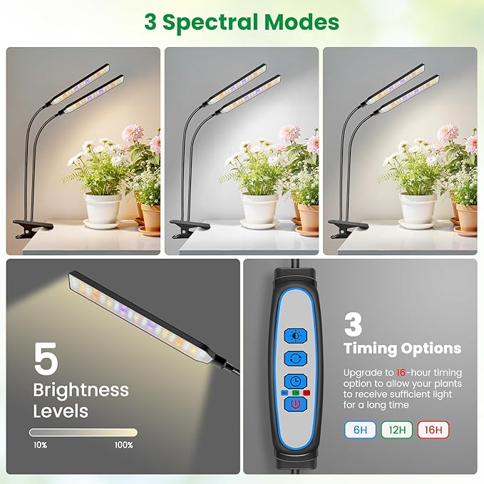 Aumtrly Grow Lights for Indoor Plants, 2 Head 114 LED Full Spectrum Clip on Plant Lights for Indoor Growing with 6/12/16H Timer, 5 Dimming, 3 Light Mode, Black Gooseneck Grow Lamp