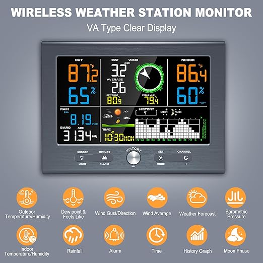Urageuxy Weather Stations Wireless Indoor Outdoor, Home Weather Station with Rain Gauge, Atomic Clock, Wind Speed, Weather Forecast, Temperature, Humidity, Moon Phase, Barometric Pressure