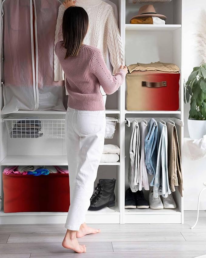 Dark Red Yellow Ombre Storage Bins Cubes Waterproof Cloth Storage Basket, Farmhouse Modern Gradient Art Foldable Storage Bags for Shelf Clothes Storages Organizers with Handles 15x11x9.5 in 1PCS