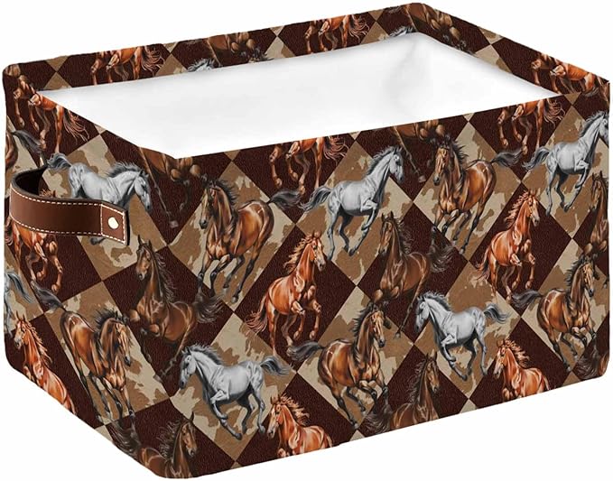 Vintage Gray Brown Horses Storage Bins Cubes Waterproof Cloth Storage Basket,Farmhouse Plaid Country Animals Foldable Storage Bags for Shelf Clothes Storages Organizers with Handles 15x11x9.5 in 1PCS