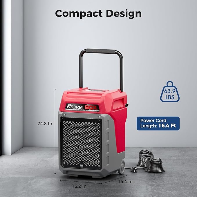 ALORAIR 170 PPD Commercial Dehumidifier with Pump & Drain Hose, LGR Industrial Use, Portable Dehumidifier with Wheels for Water Damage Restore, Carpet Drying, Storm 80X (Red)