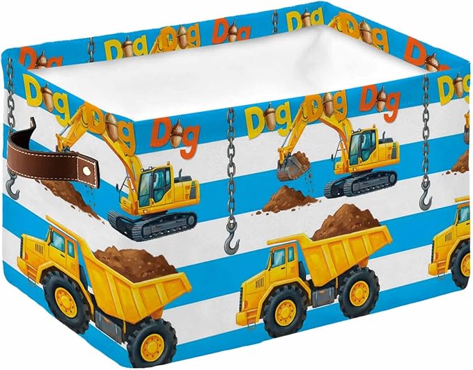 Blue Striped Yellow Truck Storage Bins Cubes Waterproof Cloth Storage Basket, Farmhouse Stripes Modern Art Foldable Storage Bags for Shelf Closet Clothes Organizers with Handles 15x11x9.5 in 1PCS