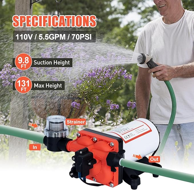 Four Chambers On Demand 110V Water Pressure Pump 5.5GPM 70PSI,Self Priming RV Fresh Water Diaphragm Pump Included Garden Hose for Home Industrial Irrigation Sprinkler