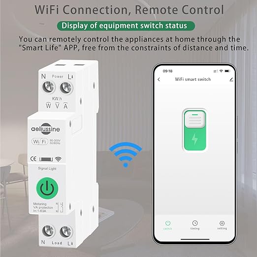 WiFi Smart Switch, 1-63A Adjustable WiFi Circuit Breaker, Smart Life/Tuya APP Remote Control Monitor Voltage Power Energy Usage, Compatible with Alexa Google Home, DIN Rail Mountable