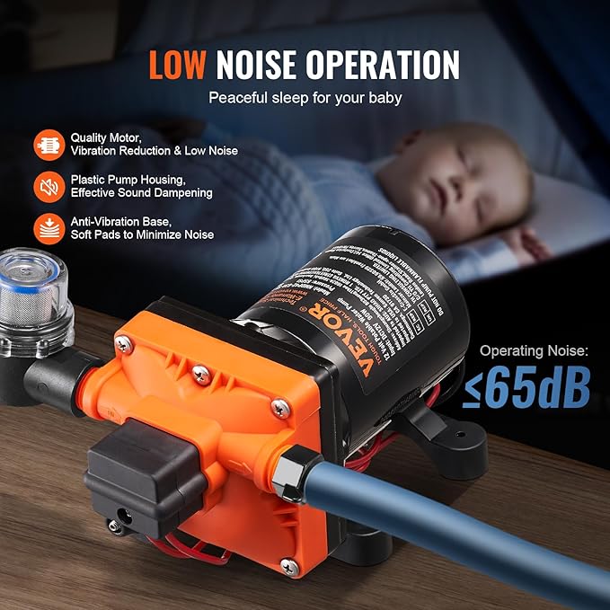 VEVOR 12V Diaphragm Pump, 3 GPM (11.36 L/min), 4-Chamber 12 Volt DC Water Pump with Automatic Pressure Switch 40-100 PSI Adjustable, 55 PSI, 1/2'' MNPT Port, for RV Yacht Food Truck Camper Marine