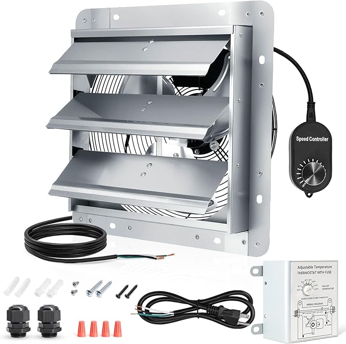 Shutter Exhaust Fan with Thermostat & Speed Control, 760 CFM,1600RPM, Upgrade 7 inch Wall Mount Attic Vent Fan for Chicken Coops, Greenhouse, Gable, Barn, Garage, Shed Ventilator