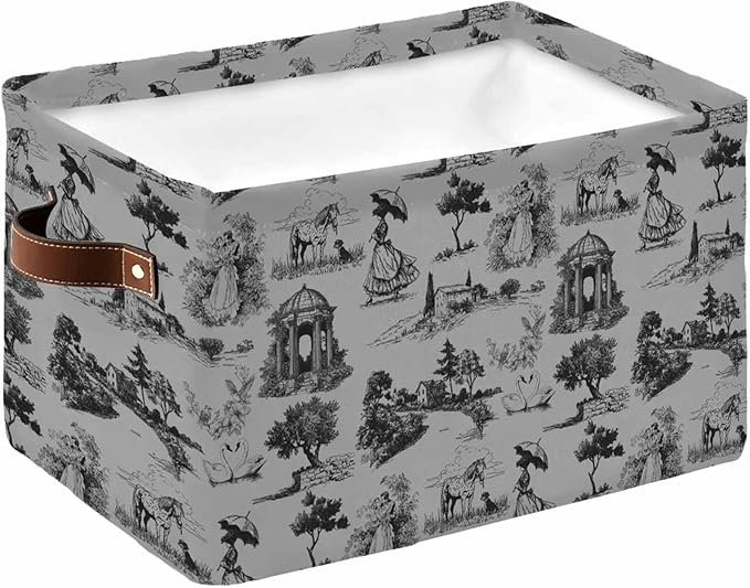 Farmhouse Country Storage Bins Cubes Waterproof Cloth Storage Basket, Vintage French Garden Horse Swan Foldable Storage Bags for Shelf Closet Clothes Organizers with Handles 15x11x9.5 in 1PCS