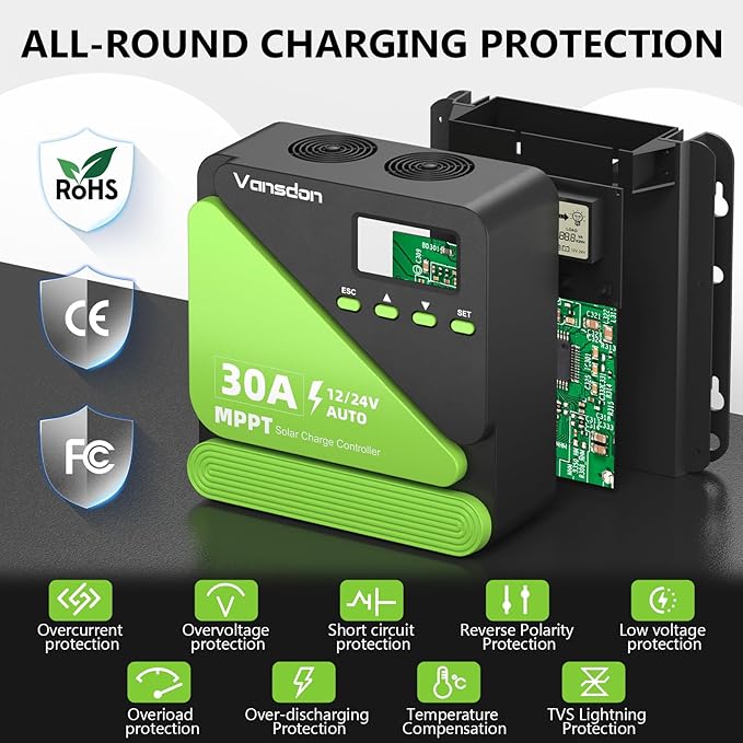 Vansdon 30A Solar Charge Controller 12V/24V MPPT Solar Charge Controller, Adjustable LCD with Timer, Dual USB Ports, for RV, Boat, Cabin, Off-Grid Systems, Compatible with FLD/LiFePO4/SLD/GEL/AGM