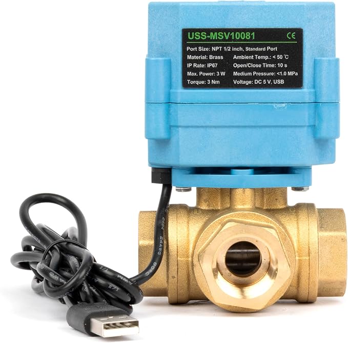 U.S. Solid WiFi Smart Motorized Ball Valve 1/2 inch NPT for Water Control & Irrigation, 3 Way Brass Electric Valve, USB Powered, LED Status Indicator, Flow Direction Window, Remote On/Off Control