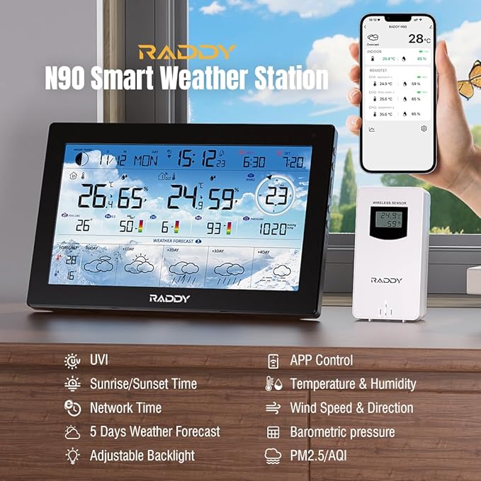 Raddy N90 Wi-Fi Weather Station with 8.8" Display, Smart App Connectivity, Indoor Outdoor Thermometer with Wireless Sensor, Temp & Humidity Monitor, PM2.5/AQI/UVI, 5-Day Forecast, Sunrise/Sunset Time
