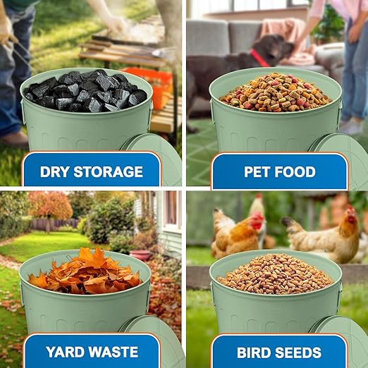 Plexon 20 Gallon Metal Trash Can with Lid Outdoor Large Trash Bin Steel Garbage Can for Garage Patio Farmhouse Bucket Bird Seed Storage Can Heavy Duty Round Container, Green 6 Pack