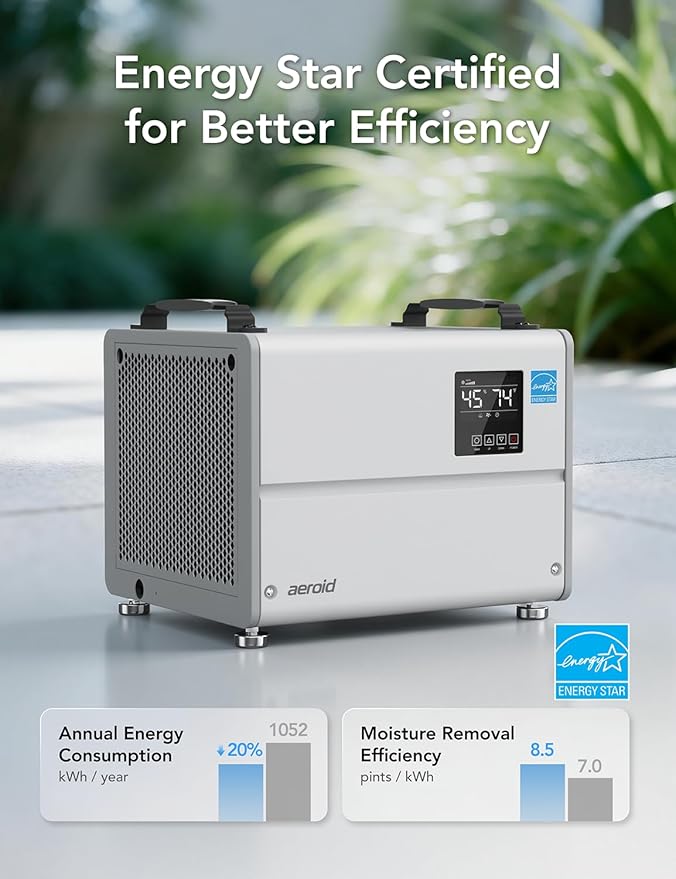 Aeroid 70 Pints Crawl Space Dehumidifier with Built-in Pump and Drain Hose, Portable Commercial Dehumidifier for Basement and Whole Home, Smart Automatic Defrost, Memory Start, Energy Star Certified