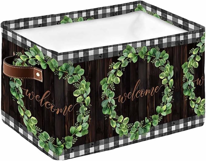 Spring Eucalyptus Leaves Storage Bins Cubes Waterproof Cloth Storage Basket,Farmhouse Botanical Brown Wood Foldable Storage Bags for Shelf Clothes Storages Organizers with Handles 15x11x9.5 in 1PCS