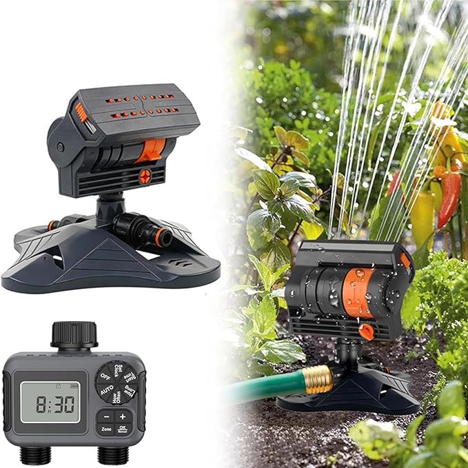 16-Nozzle Oscillating Sprinkler with Dual-Zone Sprinkler Water Timer, Adjustable Garden Sprinkler Watering System, 360° 16-Hole Automatic Rocking Sprinkler (Standard, with Single-Zone Timer)