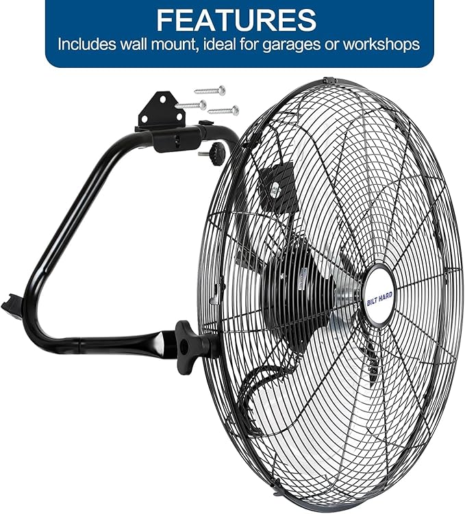 BILT HARD 4650 CFM 20" High Velocity Floor Fan, 3-Speed Heavy Duty Metal Fan with Wall-Mounting System, Industrial Shop Fan for Commercial, Garage, and Greenhouse