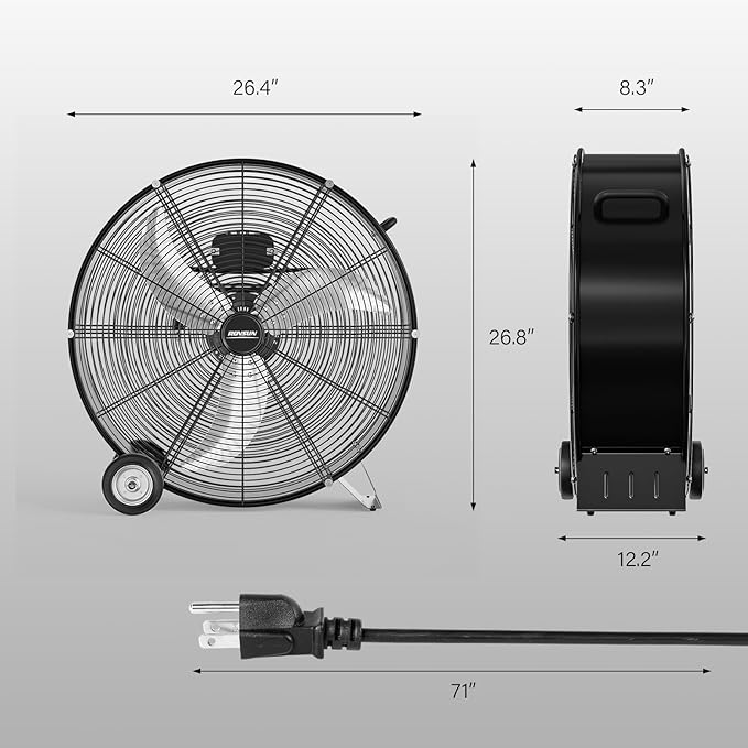 ROVSUN 24 Inch High Velocity Drum Fan, 9500CFM Industrial Metal Floor Fan with Handle, Heavy Duty, 3-Speed, Air Circulator for Shop, Garage, Gym, Barn, Commercial, UL Listed, Black, 2-Pack