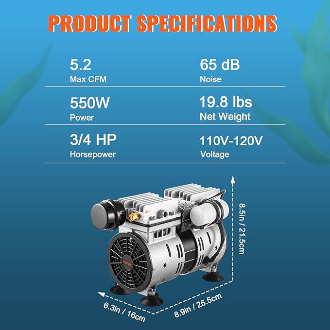 VEVOR Pond Aerator, 550W Power, 5.2CFM for Up to 3 Acre 50' Lake, Pond Aeration Kit Includes 3/4 HP Compressor & Timer & Valves, Air Compressor for Deep Water Oxygen Circulation, for Pond, Lake