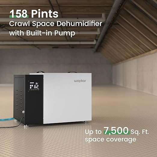 Waykar 158 Pint Commercial Dehumidifier with Pump and Drain Hose for Crawl Spaces, Basements, Ducted Industrial Use, and Water Damage Unit, for Spaces up to 7500 Square Feet, Smart Humidity Control