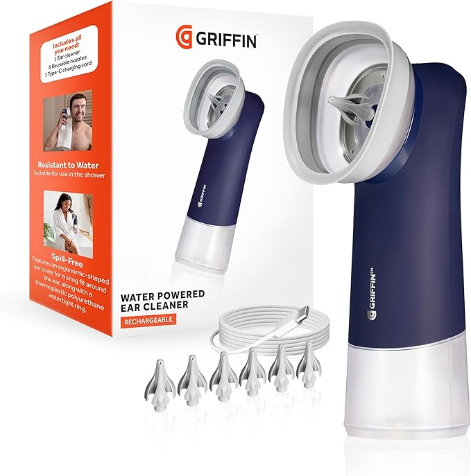 Griffin Water-Powered Ear Cleaner – Safe, Gentle Earwax Removal System with Adjustable Pressure & Reusable Tips for Comfortable Hygiene Care (Includes 6 Replacement Nozzle Tips, USB-C Charging Cord).