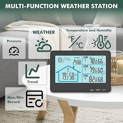 Home Weather Station Wireless Indoor Outdoor Thermometer with 3 Sensors,IPX4, 500ft Range Digital Thermometer Humidity Monitor with Weather Forecast for Home, RV, Garden | Black