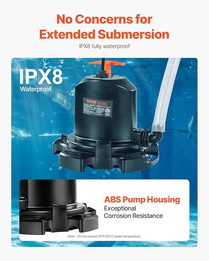 VEVOR 1/2 HP Submersible Pool Cover Pump – 1575 GPH, 24 ft Max Lift, Water Removal and Transfer Pump for Swimming Pools, Inflatable Water Parks, Draining (25 ft Power Cord)