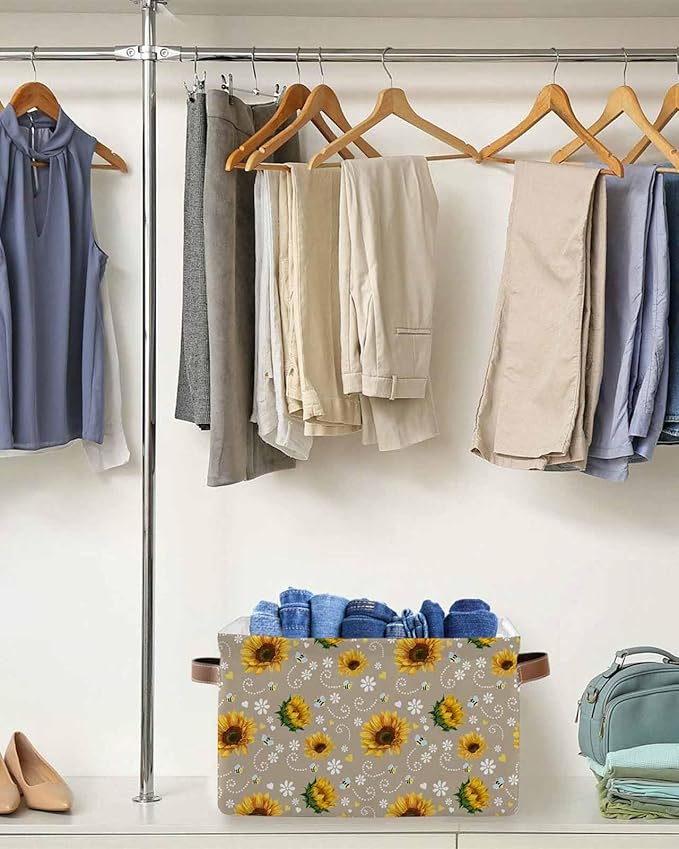 Brown Yellow Sunflower Storage Bins Cubes Waterproof Cloth Storage Basket,Summer Botanical Farmhouse Floral Foldable Storage Bags for Shelf Clothes Storages Organizers with Handles 15x11x9.5 in 2PCS