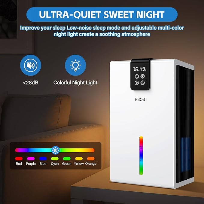 PSOS Dehumidifier, Dehumidifiers for Home, 98 OZ Water Tank, (1000 sq.ft) Quiet Dehumidifier for Basement Bathroom Bedroom with Humidity Display, Auto Shut Off, Relaxing 7 Color Ambient Light(White)