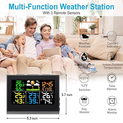 Urageuxy Weather Station Wireless Indoor Outdoor Thermometer, Digital Weather Thermometer Humidity with 3 Remote Sensors, Weather Forecast, Time, Adjustable Backlight