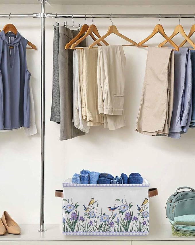 Spring Flowers Storage Bins Cubes Waterproof Cloth Storage Basket,Vintage Blue Floral Leaves Birds Rustic Plants Foldable Storage Bags for Shelf Storages Organizers with Handles 15x11x9.5 in 1PCS
