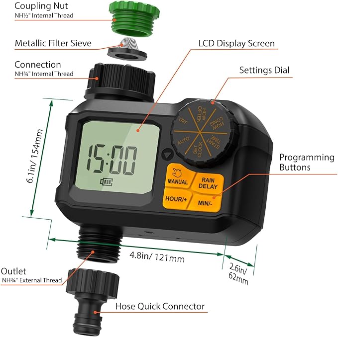 Garnen Sprinkler Timer, Garden Water Hose Faucet Timer, 1 min-7 Days Programmable with Rain Delay/Manual/Automatic Watering Controller System, Digital Drip Irrigation for Yard, Lawn, 1 Outlet