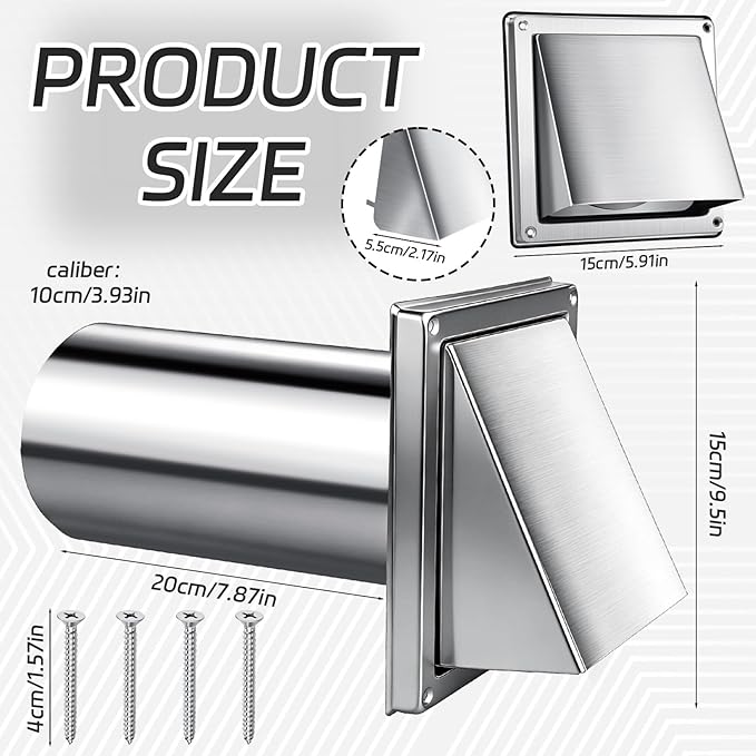 4 Inch Metal Dryer Vent Cover Stainless Steel Guard Wall Dryer Exhaust Cap with Removable Extension Pipe 8 Inch and 4 Screw for House Outdoor Extended Air Pipe