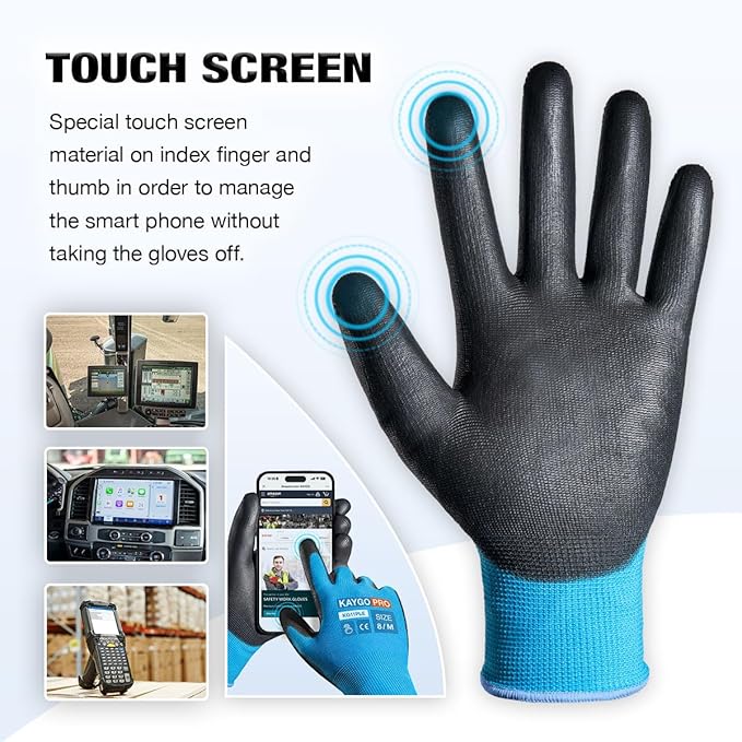 Work Gloves PU Coated for Men and Women, 12 Pairs Safety Work Gloves with Two Fingers Touchscreen, Breathable and Lightweight,Ideal for Light Warehouse, Manufacturing, Gardening, KG11P (L, Blue)