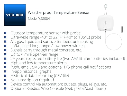 YoLink Weatherproof Fluid, Air, Surface Extreme High/Low Temperature Sensor with Probe, 1/4 Mile Long Range, YoLink Hub Required (Pack of 2)