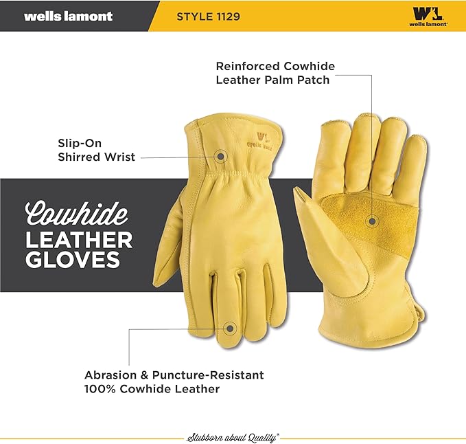 Wells Lamont Leather Work Gloves for Men – Grain Cowhide, Reinforced Palm – Ideal for Construction, Farming, Ranching – Ergonomic Fit, Keystone Thumb, Elasticized Wrist – Saddletan, Small (1129S)