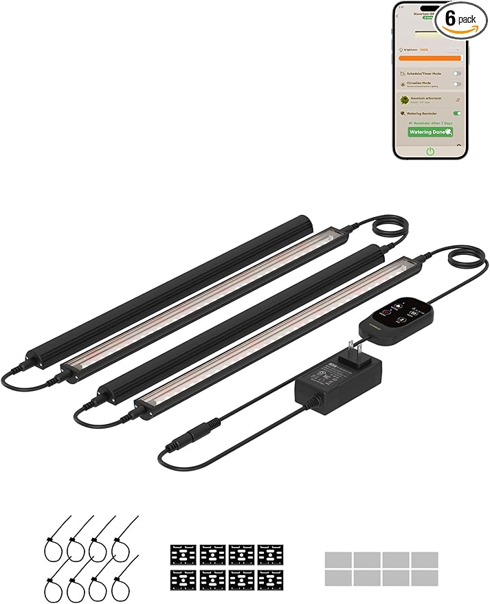 GLOWRIUM Smart Grow Lights for Indoor Plants with APP, 15" Full Spectrum Grow Light Strips, G6 Plant Light Strip with auto Timer, 3 Angle dimming Levels for Plant Shelf, 4-Pack (Black, 32W)