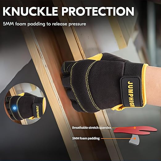 JUMPHIGH Safety Work Gloves, Men's Utility Mechanic Working Gloves for All Purpose, Touchscreen Compatible, Flexible Breathable Fit, Knuckles & Palm (M)