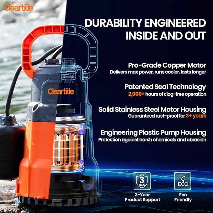 Cleartide Submersible Sump Pump with Tethered Float Switch, 1/3 HP Utility Water Pump,100% Copper Motor, Electric Drain Pump Handles 3/8" Solids, 10 FT Cord