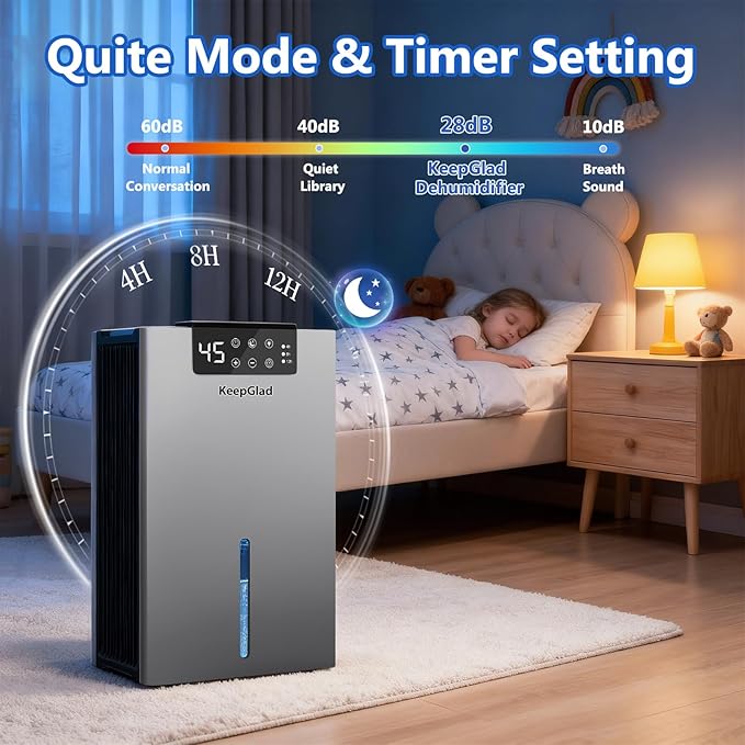 KeepGlad Dehumidifier, 98OZ Dehumidifiers for Home(1000sq.ft), Humidity Display Dehumidifier for Basement Bathroom Bedroom, Auto Shut Off, Washable Filter, Drain Hose, Timer, 7 Ambient Lights, Gray