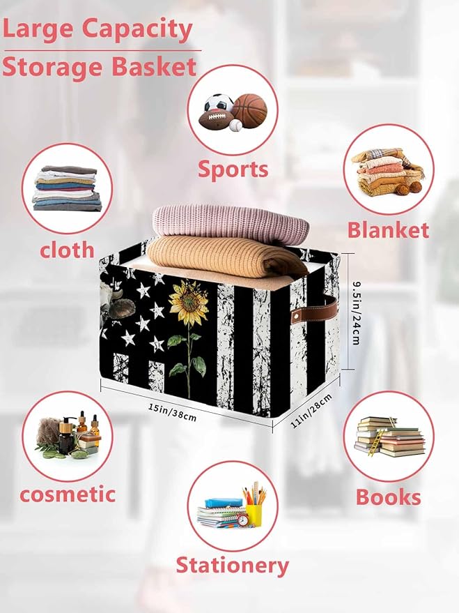 Vintage American Flag Storage Bins Cubes Waterproof Cloth Storage Basket, Farmhouse Cow Sunflowers Foldable Storage Bags for Shelf Closet Clothes Storages Organizers with Handles 15x11x9.5 in 1PCS