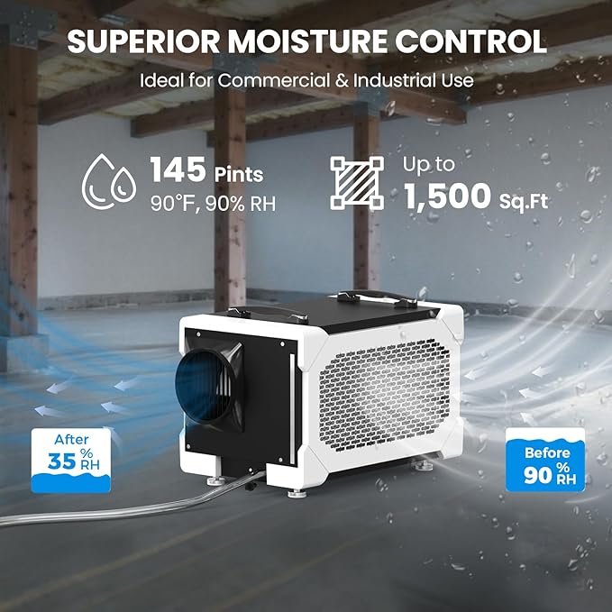 CADPXS Crawlspace Dehumidifier, 145 Pints Commercial Dehumidifier with Drain Hose for Crawl Spaces, Basements, Industrial and Water Damage, Large Capacity, Memory Restart, 5 Years Limited Warranty
