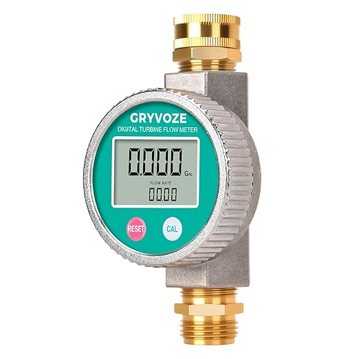 Metal Water Flow Meter, 3/4" GHT Garden Hose Flowmeter with Brass Thread and Large Screen for RV, Pool, House, Lawn Sprinkler and Outdoor Watering – Supports Gallon, Liter, GPM and LPM
