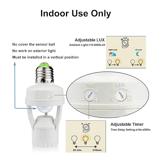 LPHUMEX 3pcs Motion Sensor Light Sockets, E26/E27 Screw in Motion Sensor Sockets for Existing Lights, Dusk and Dawn Auto Lights Motion Detector Indoor for Front Door Porch Garage Closet
