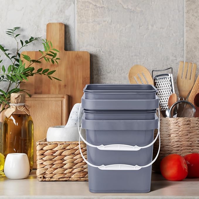 Suzile 10 Pcs Food Grade Square Bucket with Lid 1 Gallon Plastic Bucket 4.5L Utility Industrial Pail with Handle Container for Food Oil Tub Water Fishing Paint House Cleaning Car Washing(Grey)