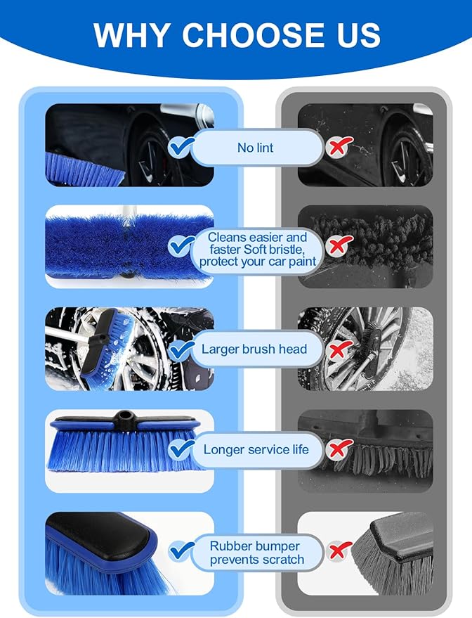 ZimiTeda PBT Car Wash Brush with Long Handle 10'' Larger Soft Bristle Brush Head Rubber Bumper for Vehicle Wheel RV SUV Boat Truck Solar Panel Deck Washing, 60'' 151cm